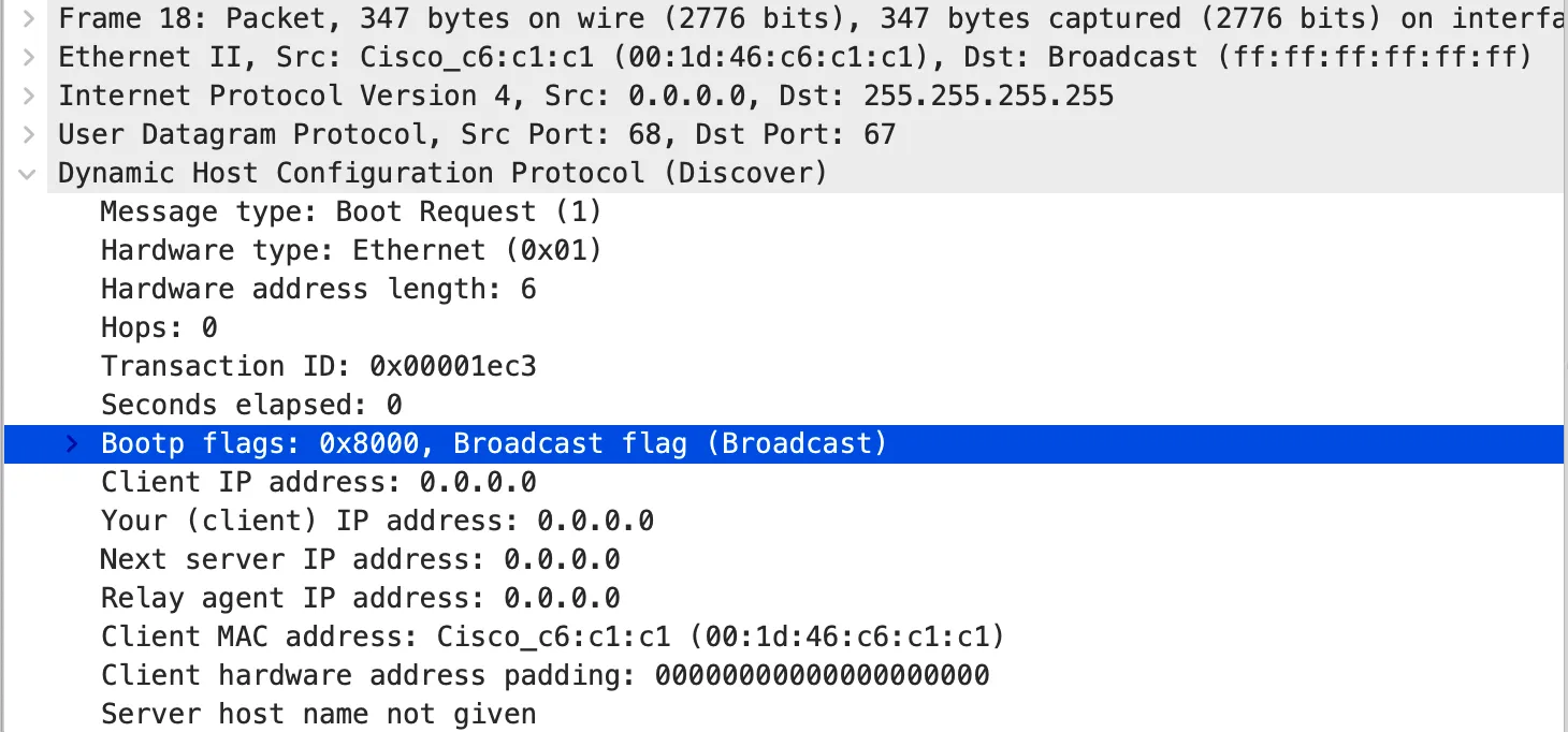 Wireshark capture of a DHCP unicast flag broadcast flag