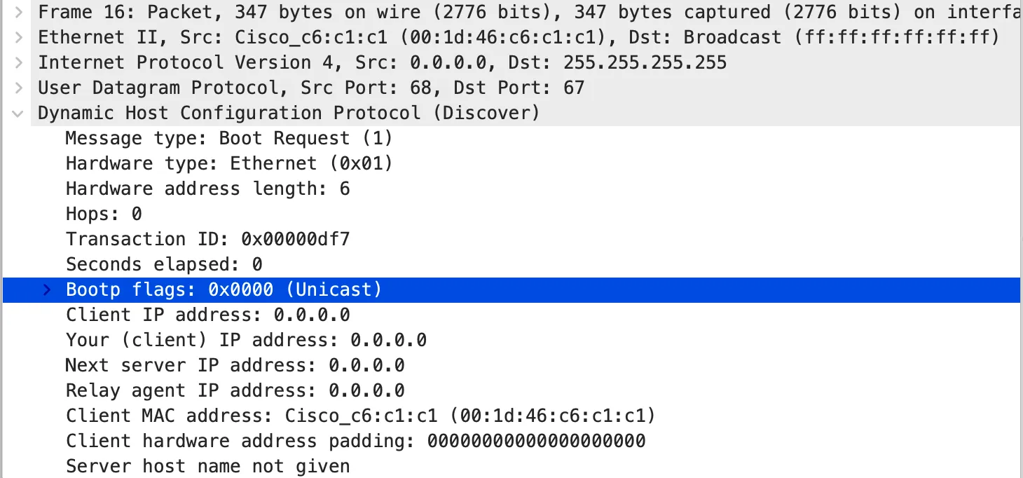 Wireshark capture of a DHCP broadcast flag unicast flag